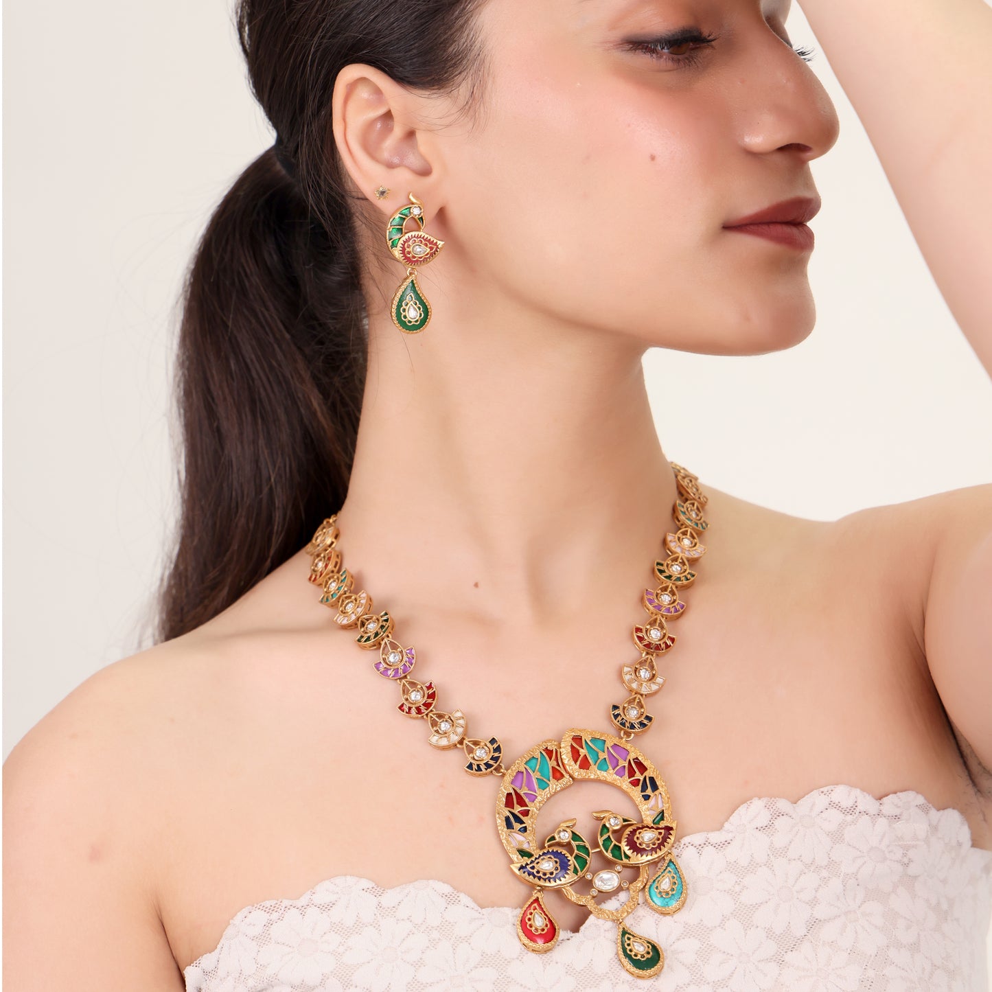 Mayura Multicolour Peacock Kundan Necklace Set