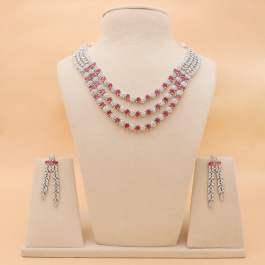 Crimson Rhapsody American Diamond Layered Necklace & Earrings Set