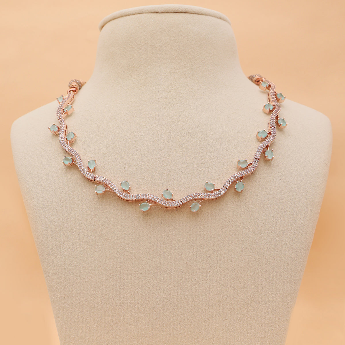 Mint Aura Rose Gold American Diamond Necklace & Earrings Set