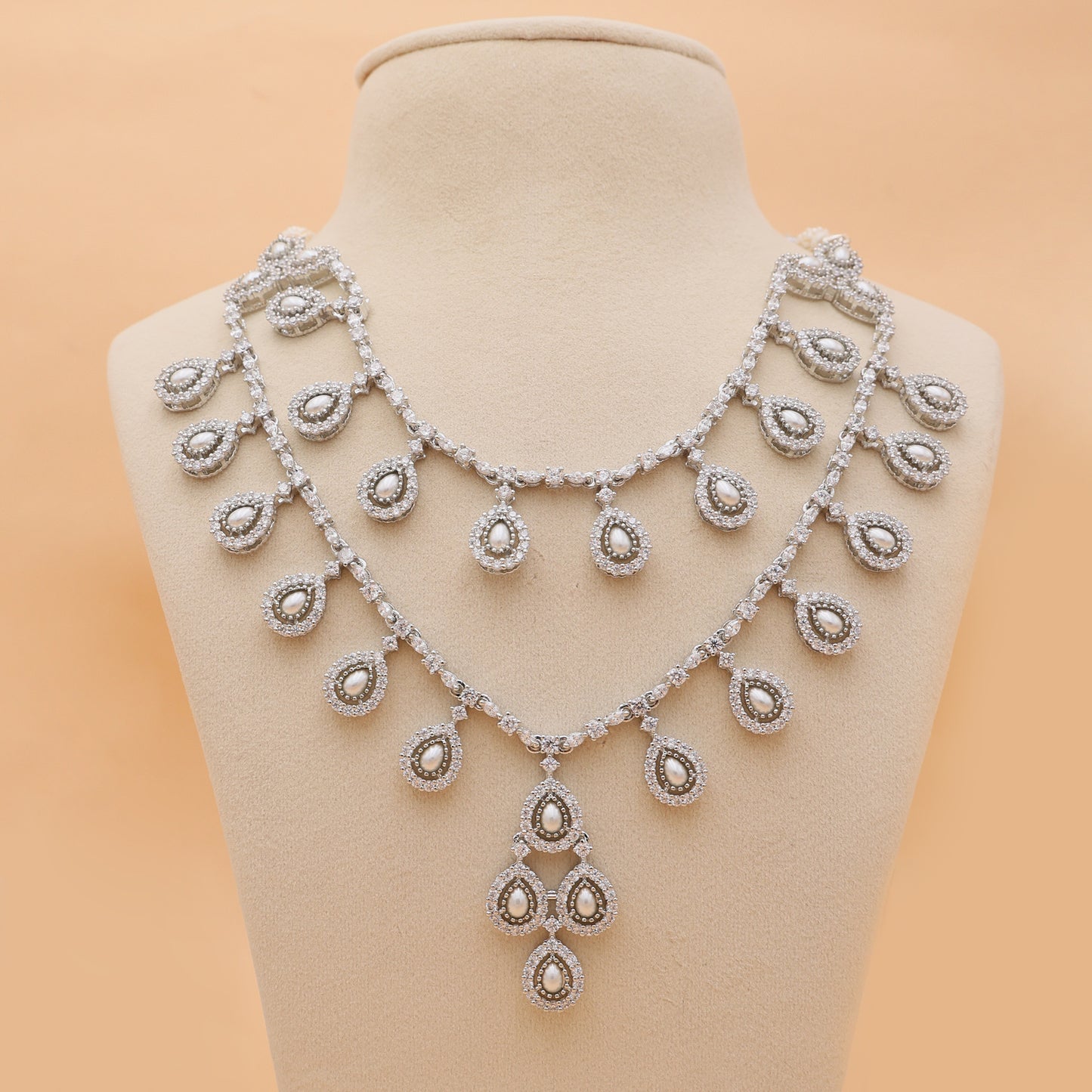 Pearl Cascade American Diamond Layered Necklace & Earrings Set