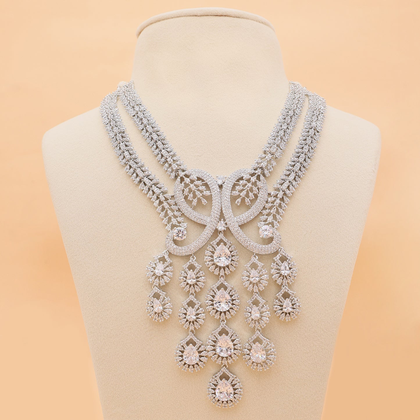 Peacock Swirl American Diamond Statement Necklace Set with Earrings
