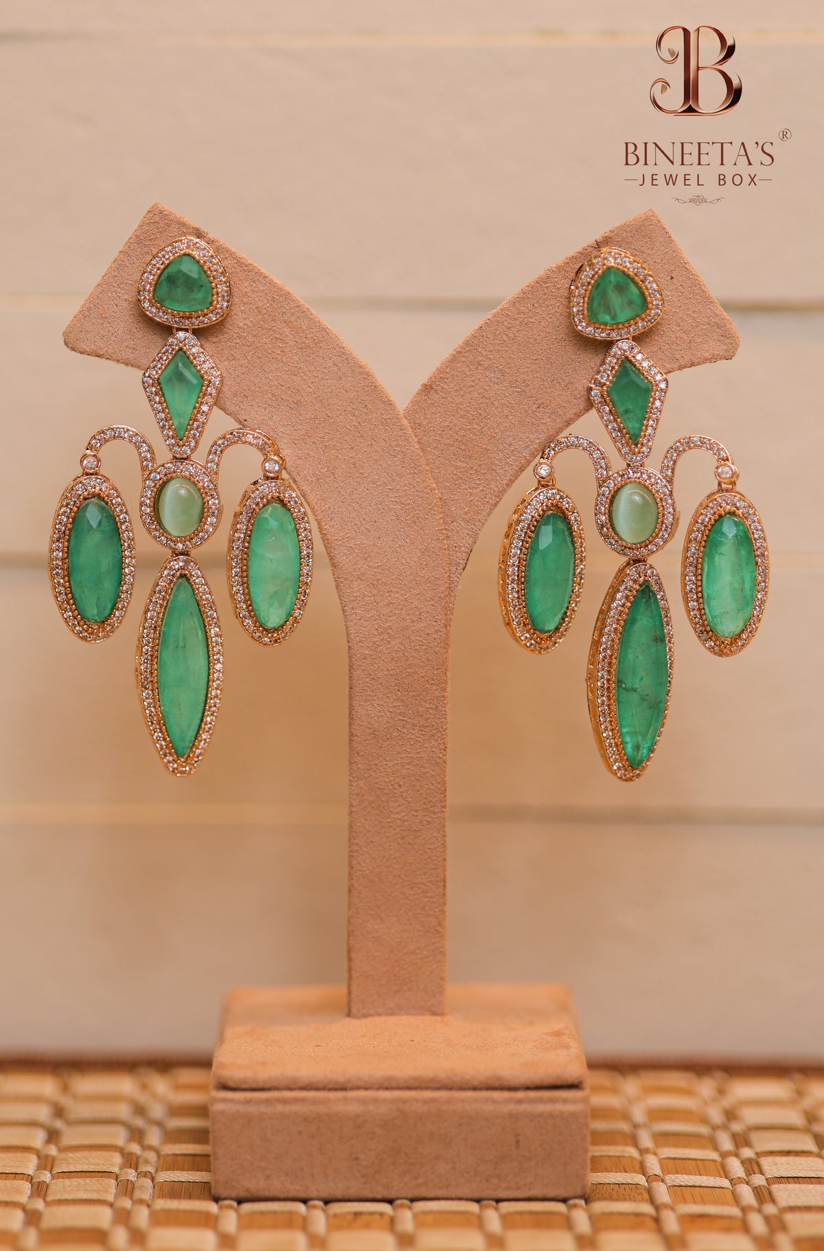 Zariya Green American Diamond Statement Earrings