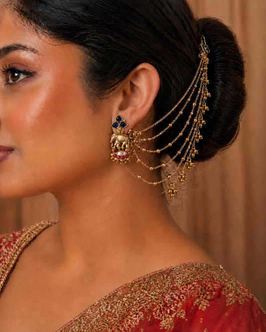 Gajra Noor Blue Earrings cum Kaan Chain