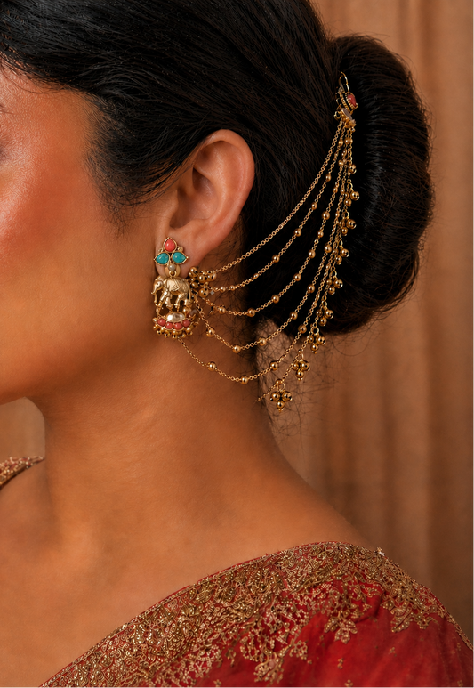 Gajra Noor Feroza Coral Earrings cum Kaan Chain