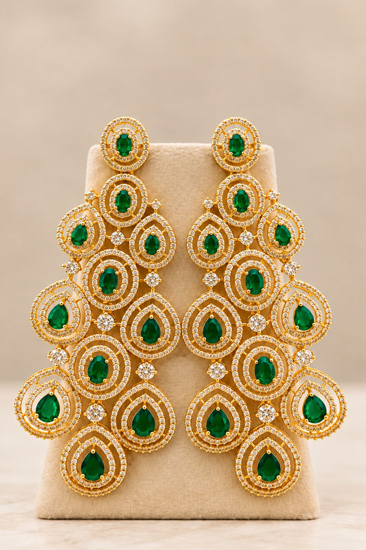 Ruhira Emerald American Diamond Statement Earrings