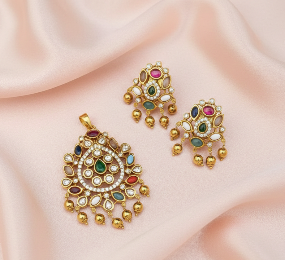 Rajwada Polki Pendant Set