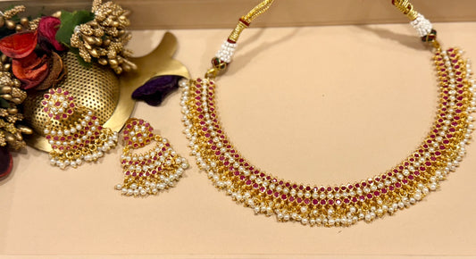 Red Aarvi Ruby Pearl Drape Set