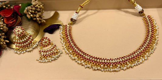 Red Aarvi Ruby Pearl Drape Set