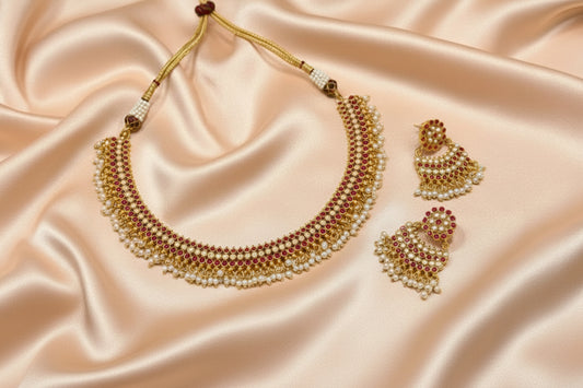 Red Aarvi Ruby Pearl Drape Set