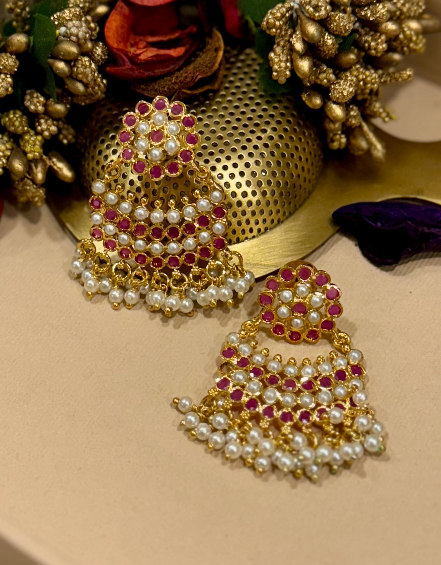 Red Aarvi Ruby Pearl Drape Set