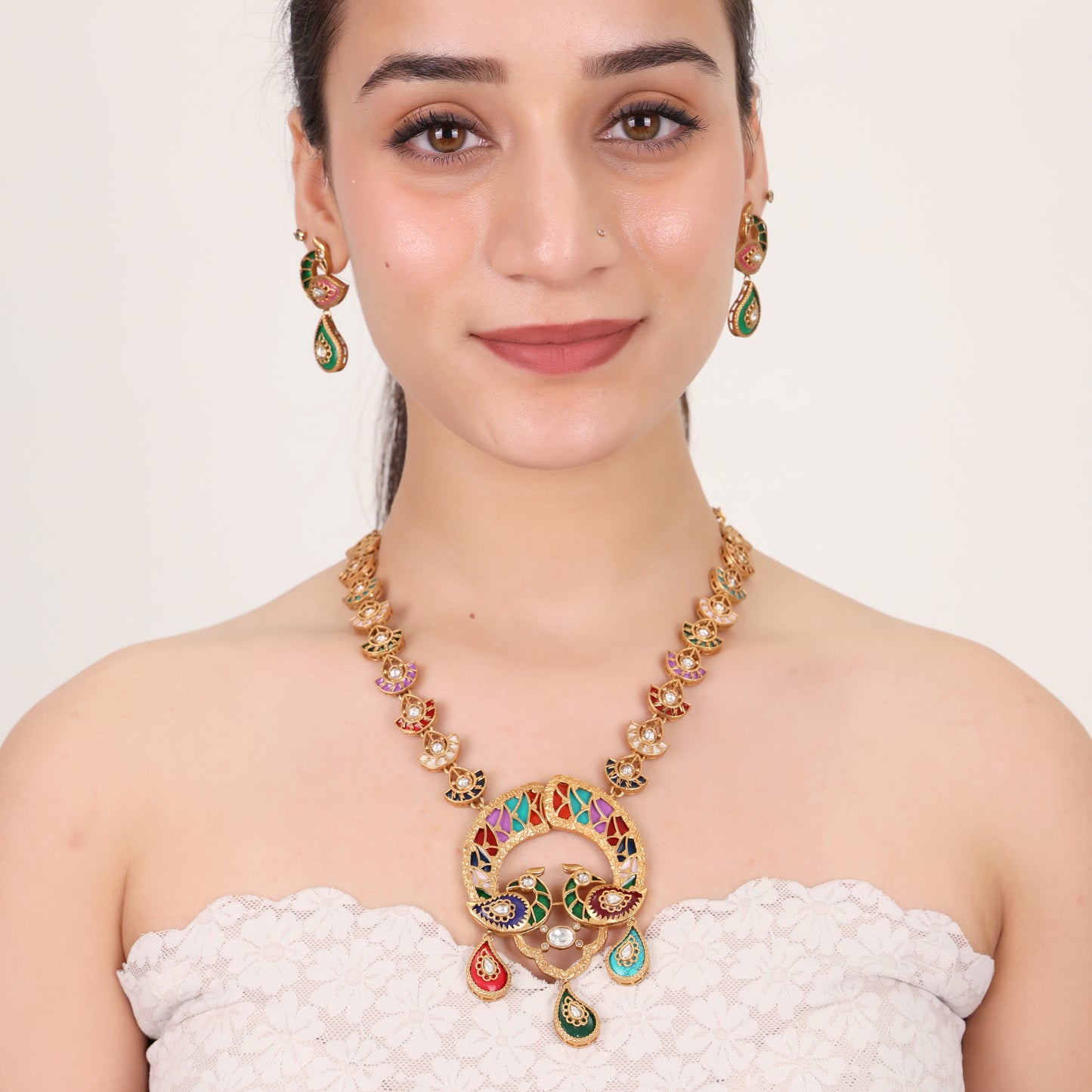 Mayura Multicolour Peacock Kundan Necklace Set