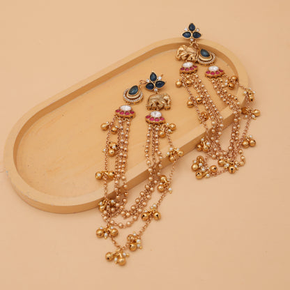 Gajra Noor Blue Earrings cum Kaan Chain