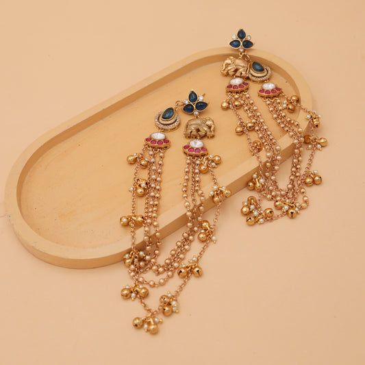 Gajra Noor Blue Earrings cum Kaan Chain