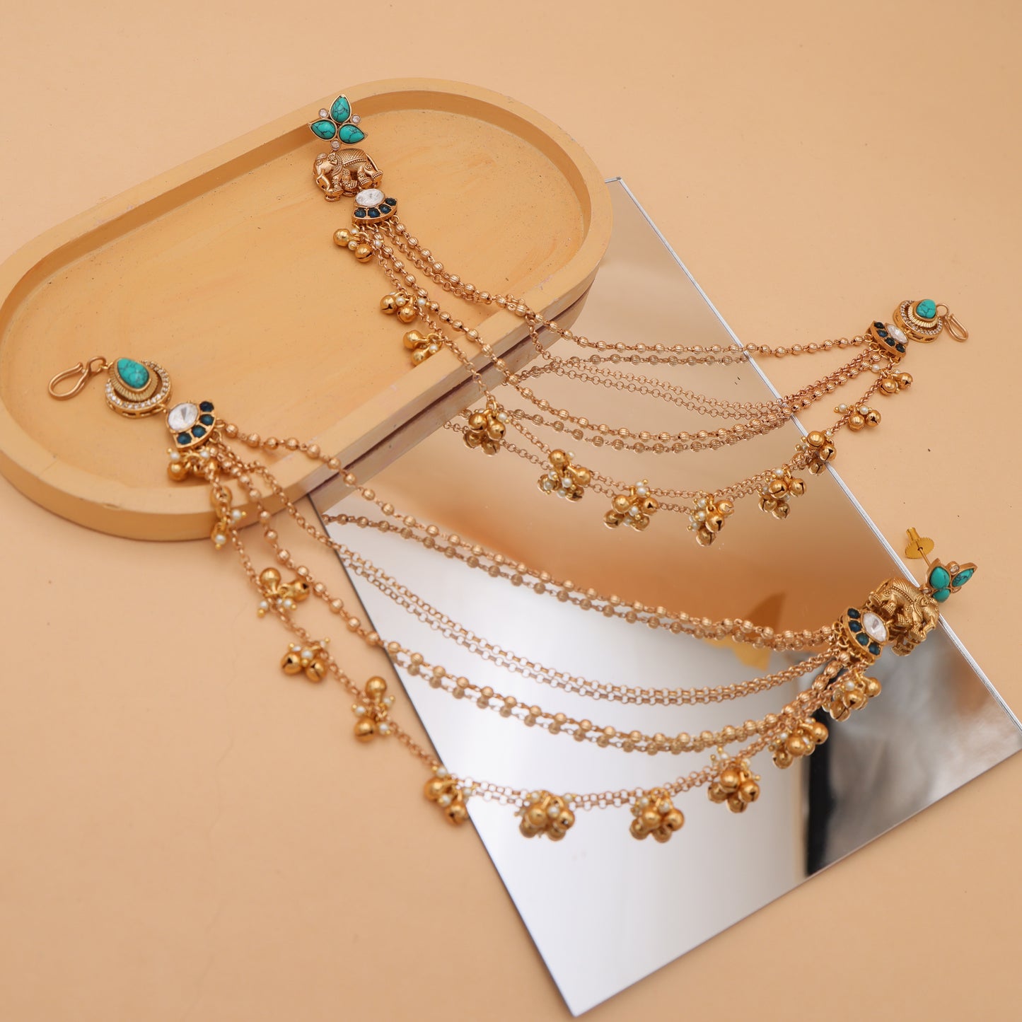 Gajra Noor Feroza Blue Earrings cum Kaan Chain