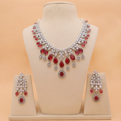 Ruby Red American Diamond Statement Necklace Set with Earrings