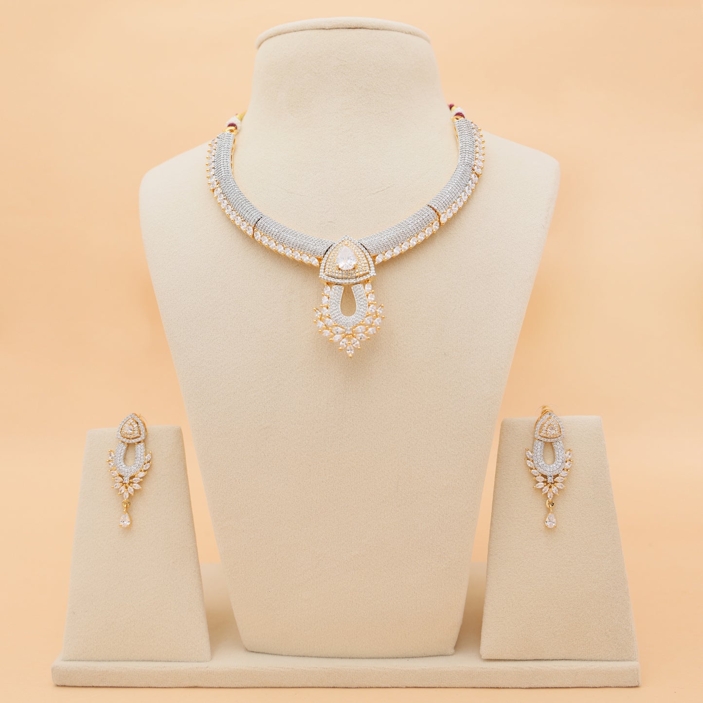 Ivory Halo American Diamond Necklace & Earrings Set