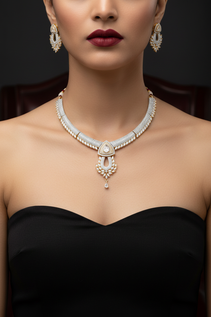 Ivory Halo American Diamond Necklace & Earrings Set