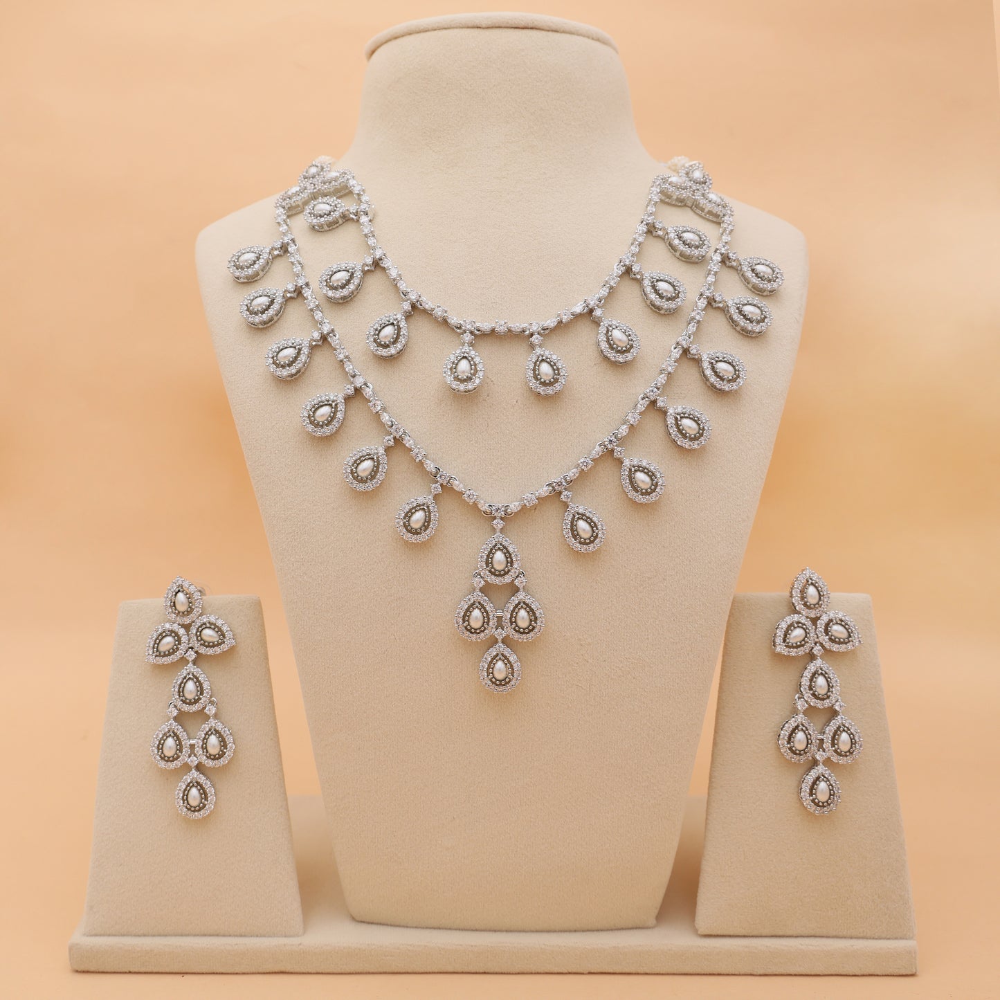 Pearl Cascade American Diamond Layered Necklace & Earrings Set