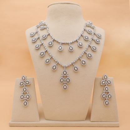 Pearl Cascade American Diamond Layered Necklace & Earrings Set