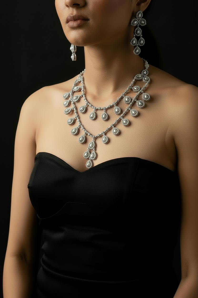 Pearl Cascade American Diamond Layered Necklace & Earrings Set