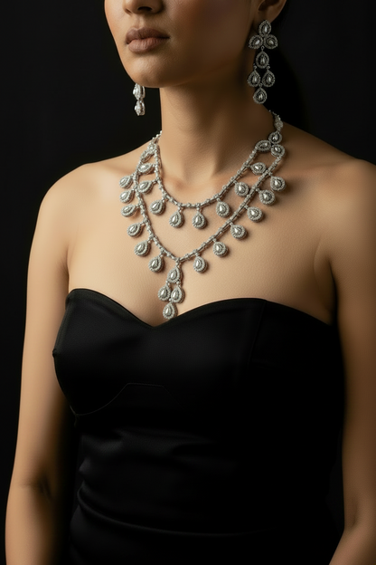 Pearl Cascade American Diamond Layered Necklace & Earrings Set