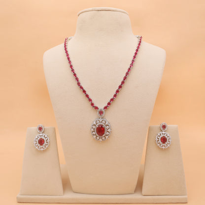 Ruby Red American Diamond Pendant Necklace Set with Earrings