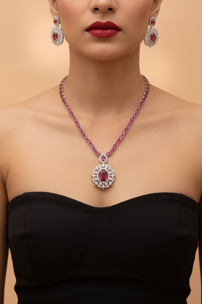 Ruby Red American Diamond Pendant Necklace Set with Earrings