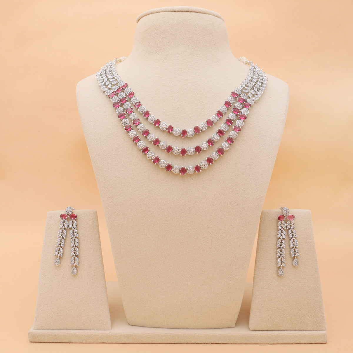 Crimson Rhapsody American Diamond Layered Necklace & Earrings Set
