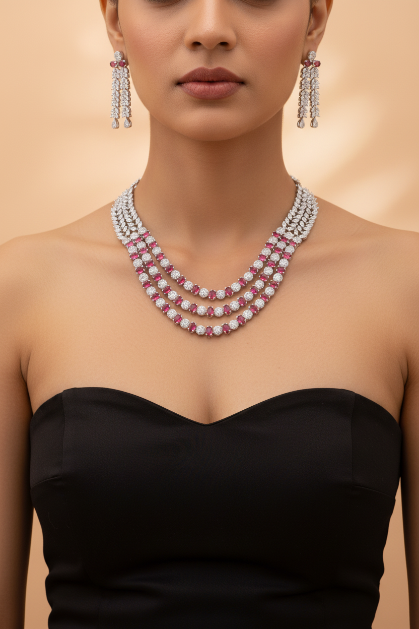 Crimson Rhapsody American Diamond Layered Necklace & Earrings Set