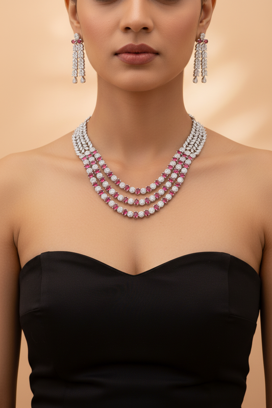 Crimson Rhapsody American Diamond Layered Necklace & Earrings Set
