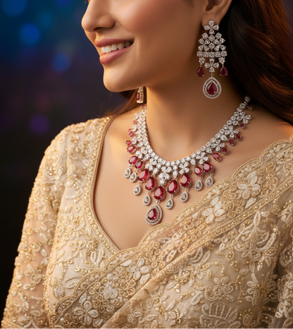 Ruby Red American Diamond Statement Necklace Set with Earrings