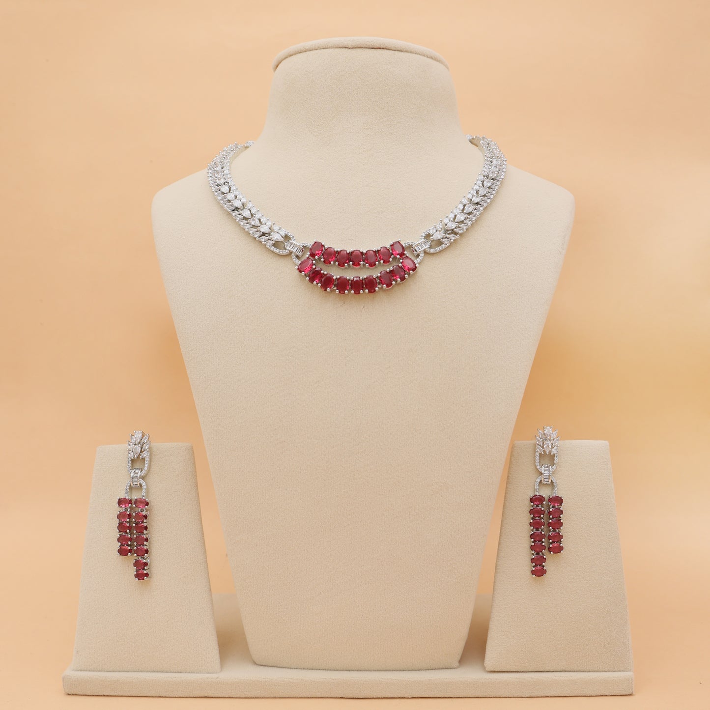 Crimson Arc American Diamond Necklace & Earrings Set