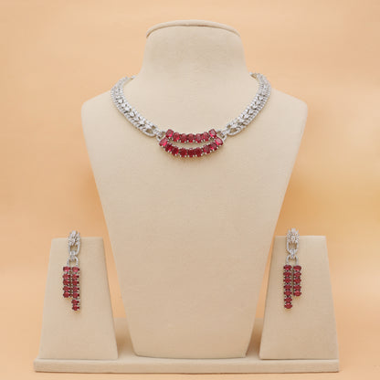 Crimson Arc American Diamond Necklace & Earrings Set