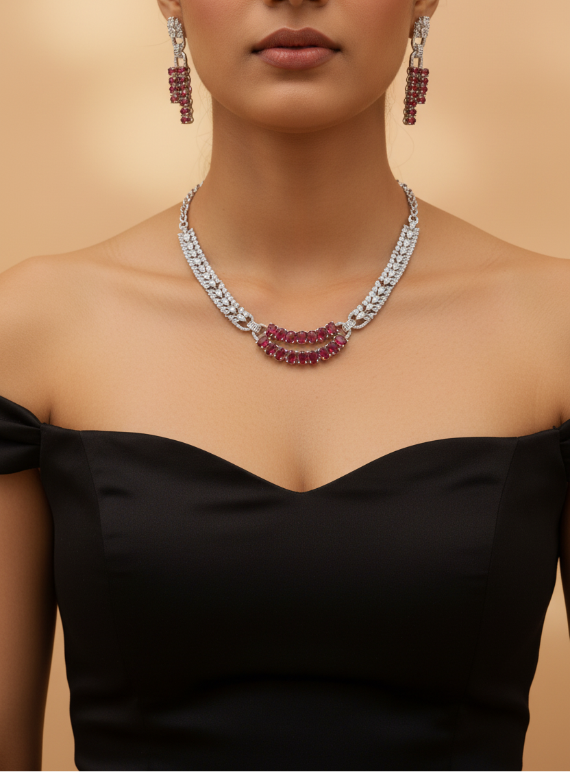 Crimson Arc American Diamond Necklace & Earrings Set