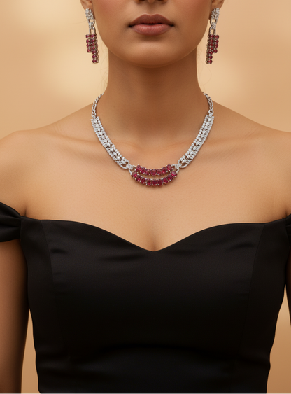 Crimson Arc American Diamond Necklace & Earrings Set