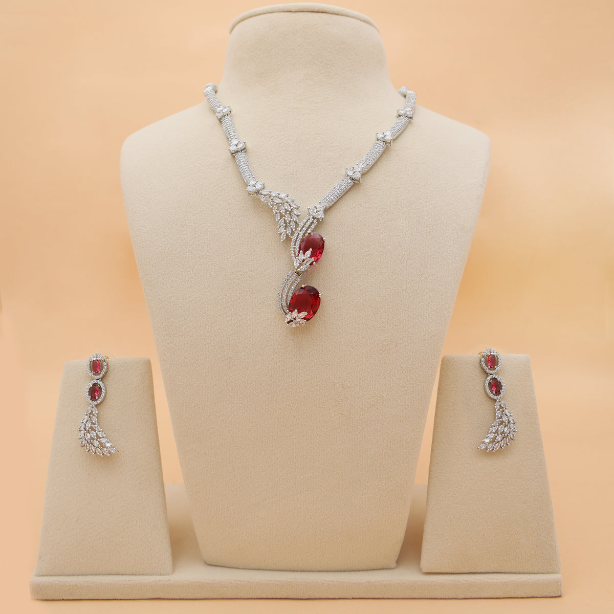Ruby Cascade American Diamond Necklace & Earrings Set