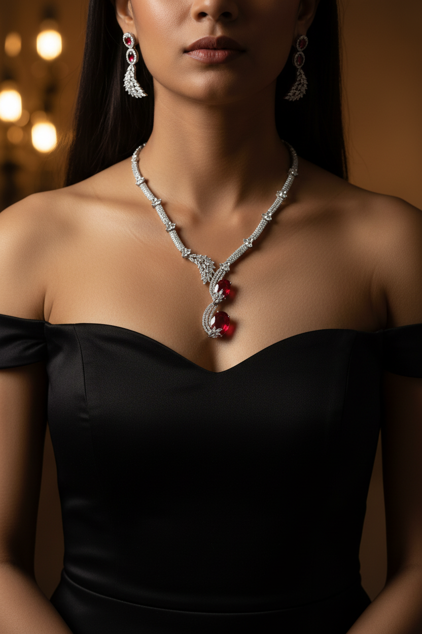 Ruby Cascade American Diamond Necklace & Earrings Set