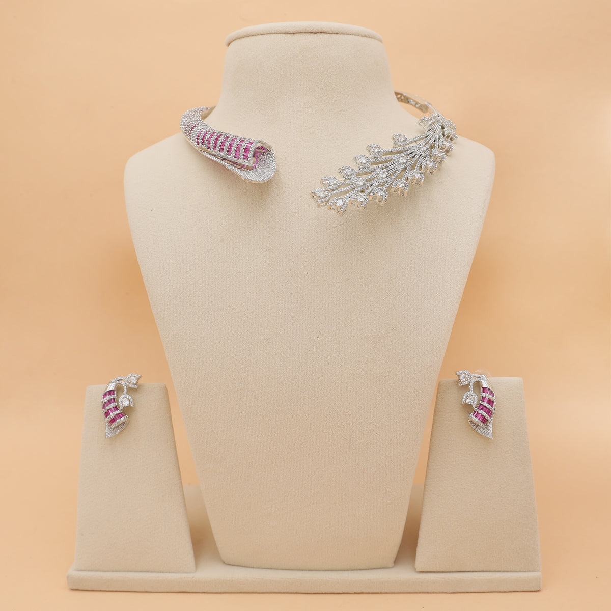 Ruby Blaze Asymmetric American Diamond Collar Necklace Set