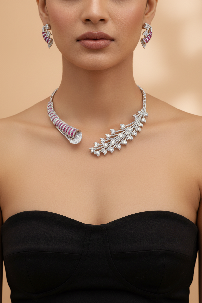 Ruby Blaze Asymmetric American Diamond Collar Necklace Set