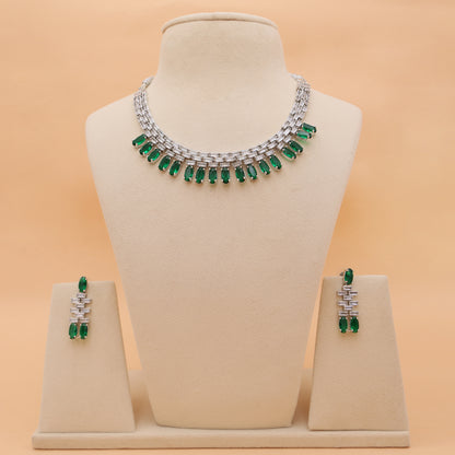 Emerald Rhythm American Diamond Necklace & Earrings Set