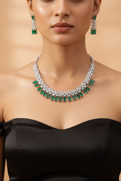 Emerald Rhythm American Diamond Necklace & Earrings Set