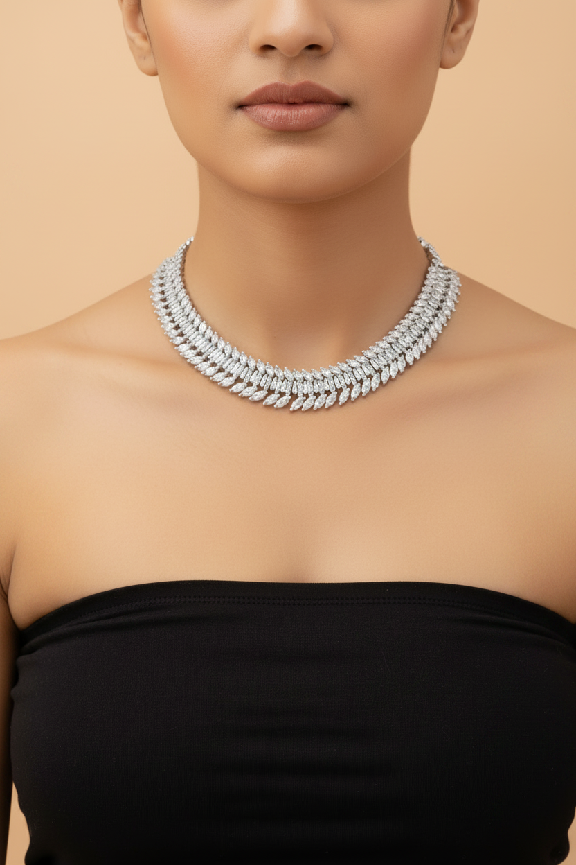 Marquise Leaf American Diamond Necklace Set with Earrings