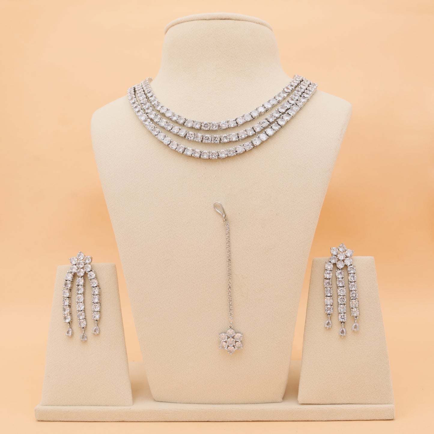 Starlight Trio American Diamond Necklace, Earrings & Maang Tikka Set