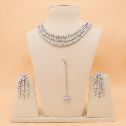 Starlight Trio American Diamond Necklace, Earrings & Maang Tikka Set