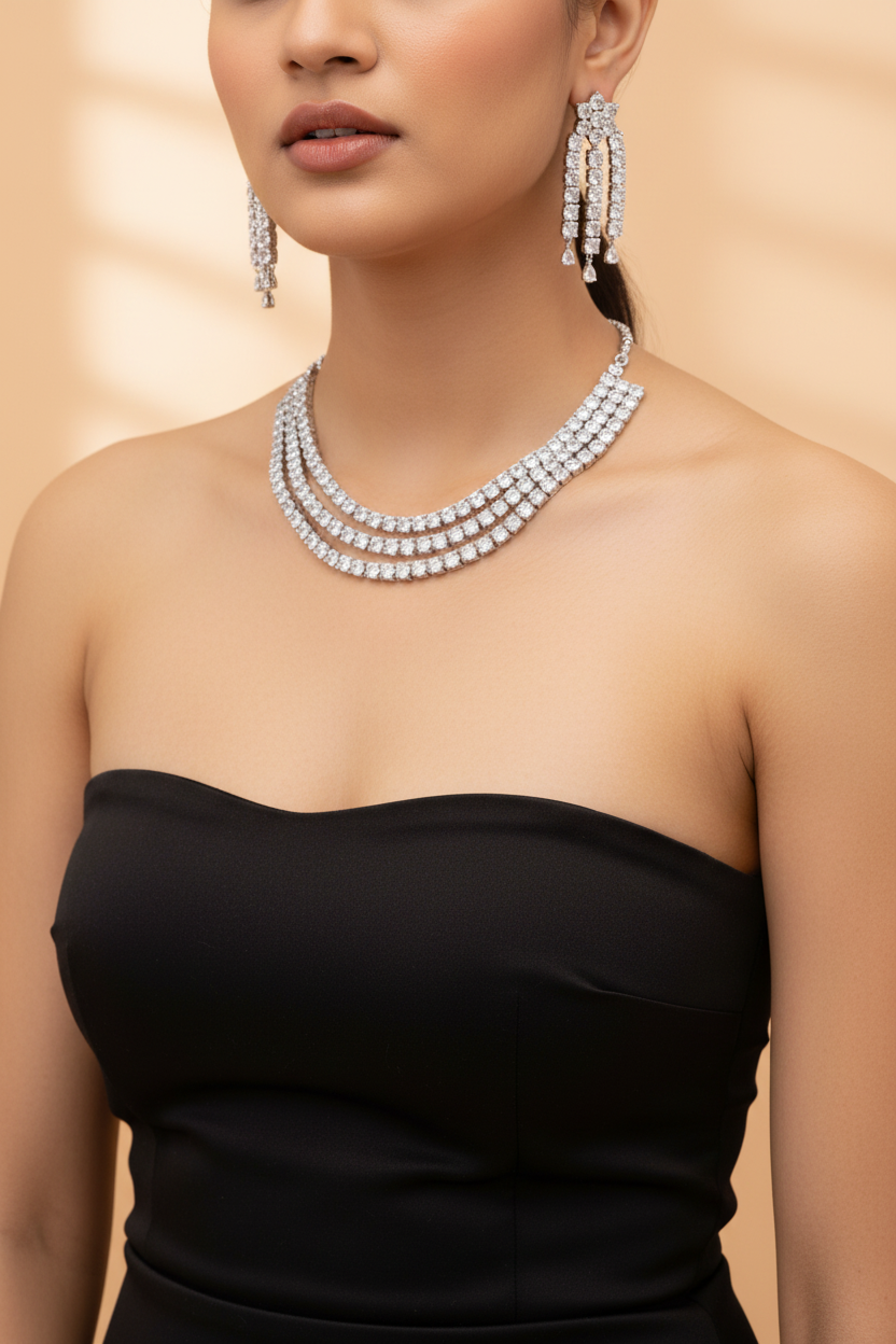 Starlight Trio American Diamond Necklace, Earrings & Maang Tikka Set