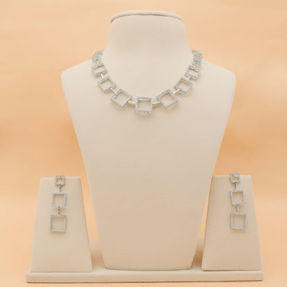 Square Link American Diamond Necklace Set with Earrings