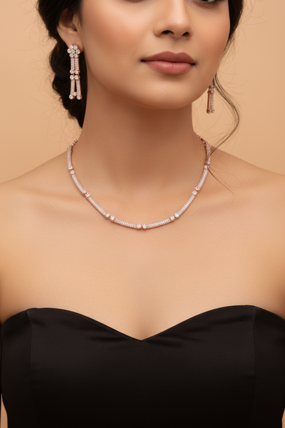 Étoile Line Rose Gold American Diamond Necklace & Earrings Set
