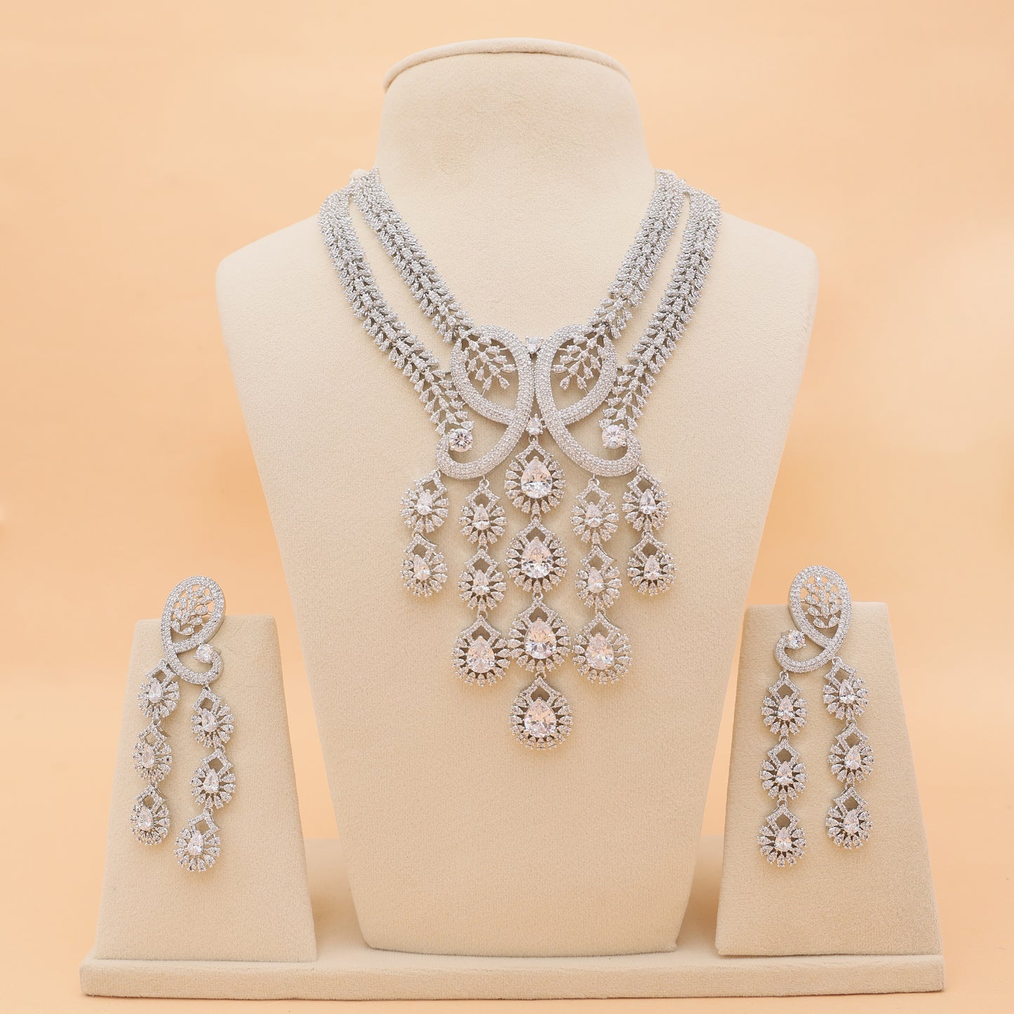 Peacock Swirl American Diamond Statement Necklace Set with Earrings