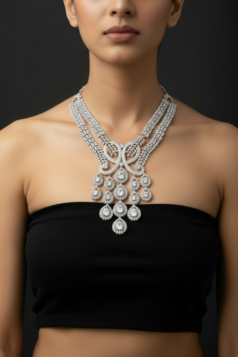Peacock Swirl American Diamond Statement Necklace Set with Earrings