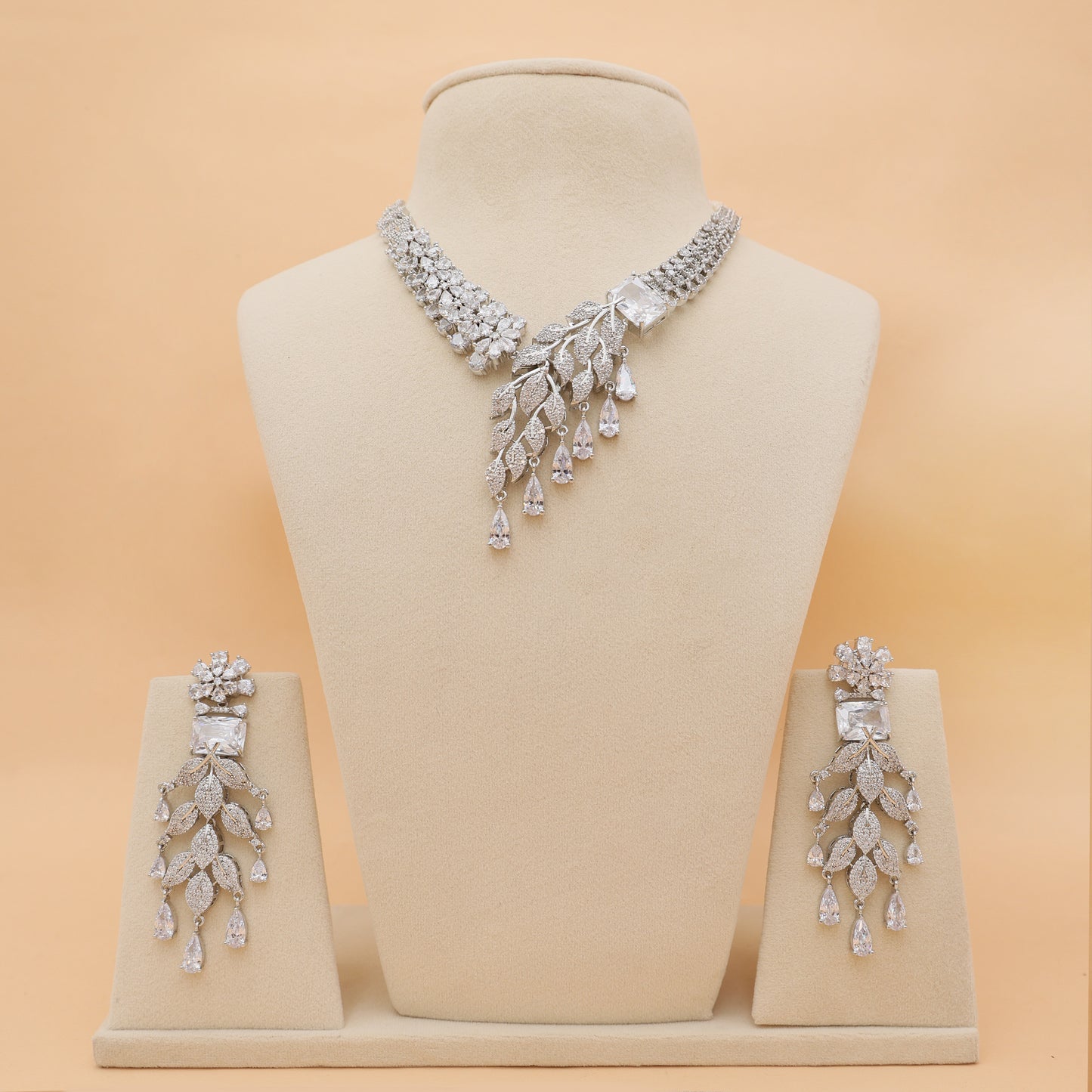 Silver Willow American Diamond Necklace & Earrings Set
